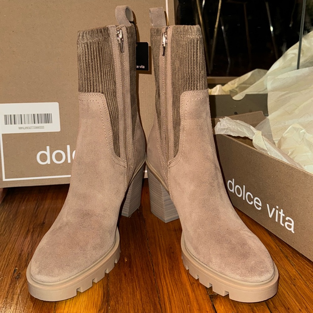 NEW Dolce Vita Marni Truffle Tan Suede 100% Waterproof Mid-Calf Boots Size 9